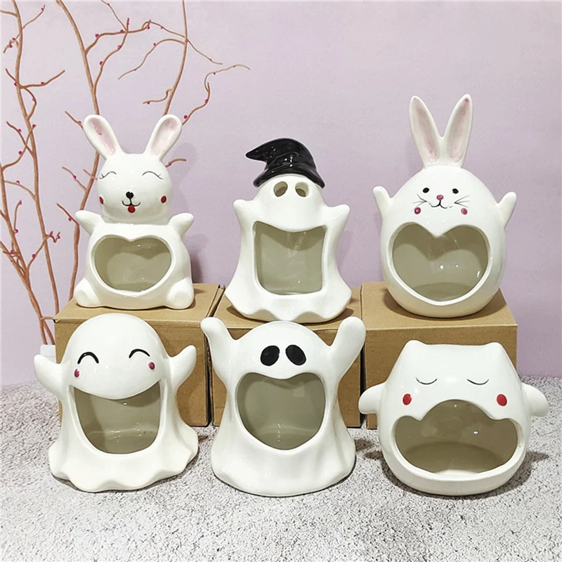

Halloween Cute Ghost Candlestick Ceramic Decoration Home Desktop Creative Hamster Gold Silk Bear Hedgehog Cooling Nest