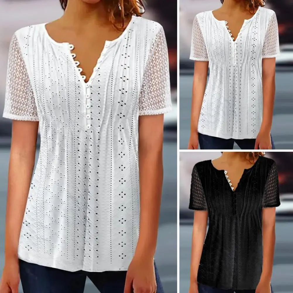 Ladies Shirt Hollow Out Button Half Placket Lace Short Sleeve Daily Wear See-through V Neck Women Summer Top Lady Clothing
Ladies Shirt Hollow Out Button Half Placket Lace Short Sleeve Daily Wear See-through V Neck Women Summer Top Lady Clothing