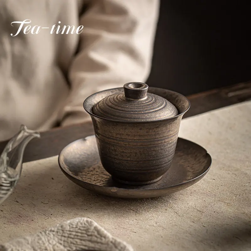 

150ml Pure Handmade Thin Tire Tea Tureen Coarse Pottery Sancai Gaiwan Rust Glaze Anti-scalding Ceramic Tea Bowl Kung Fu Tea Set