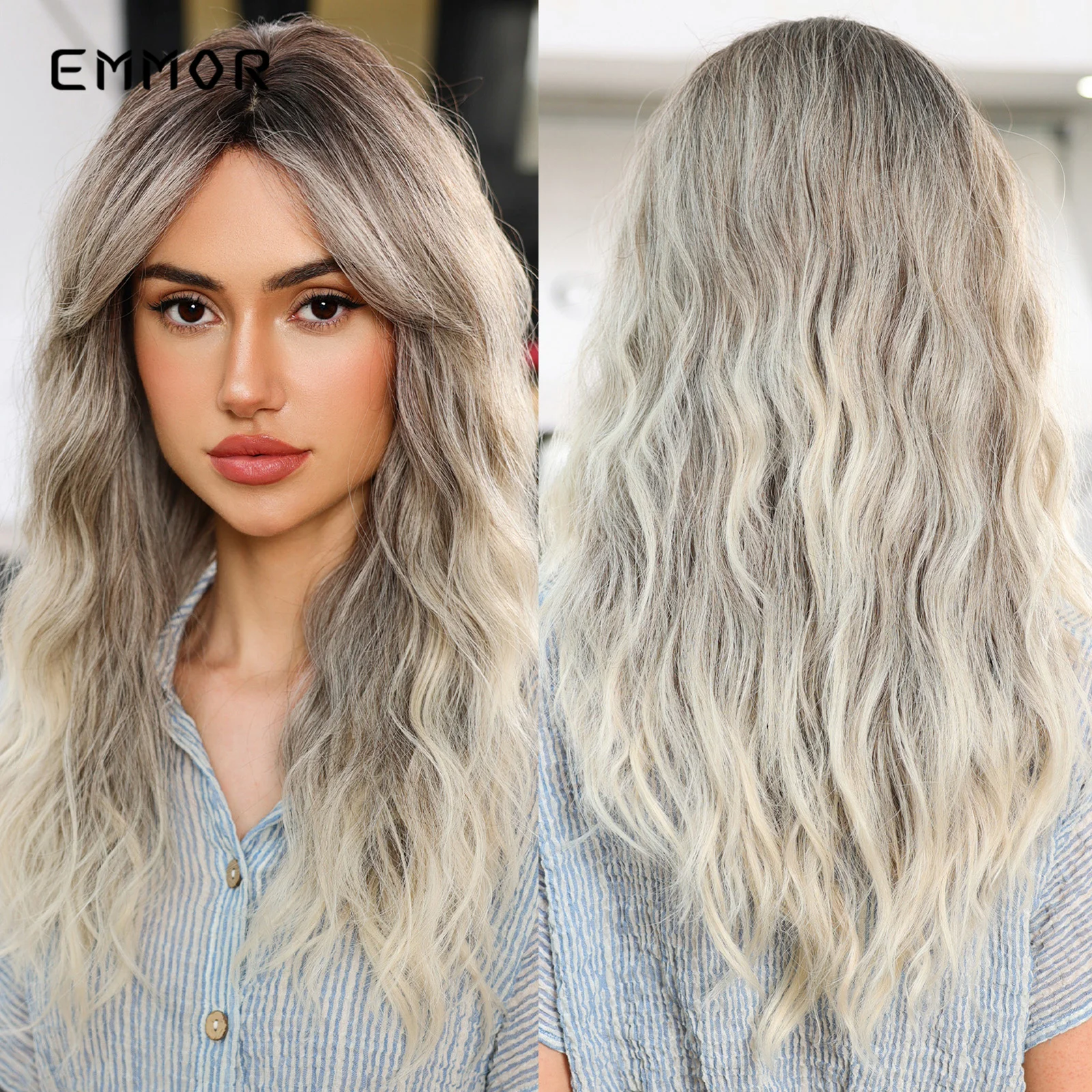 

Long Natural Wavy Wig with Side Bangs Ombre Black to Platinum Blonde Curly Synthetic Wigs For Women Heat Resistant Fake Hair