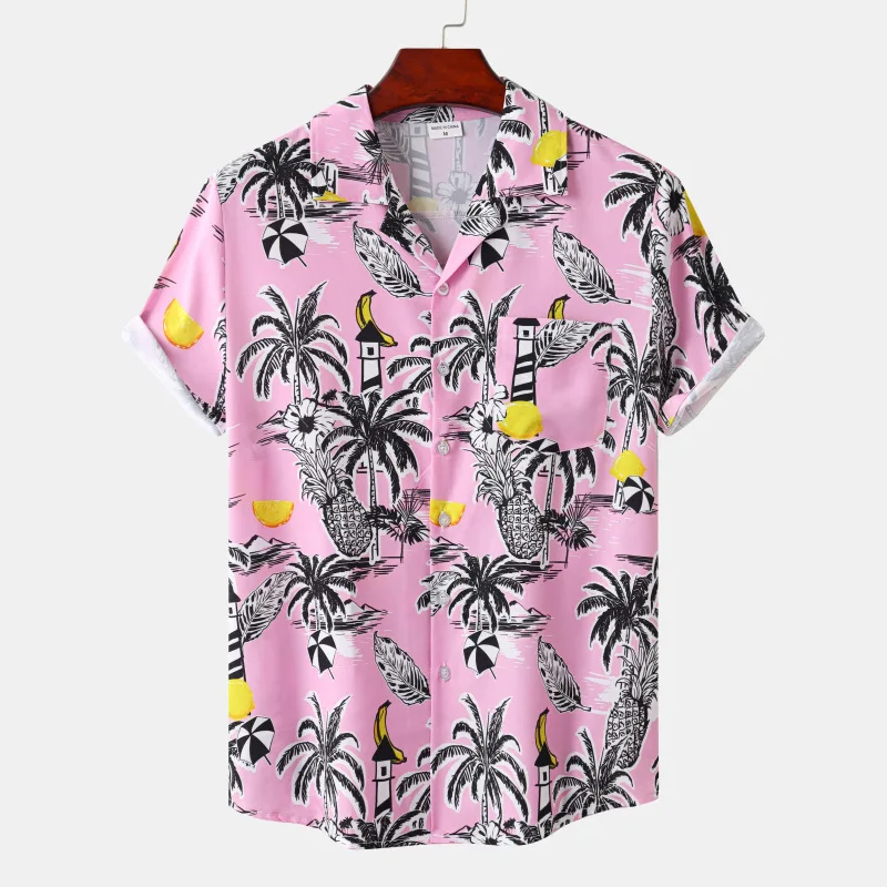 

Mens Casual Short Sleeve Button Up Beach Tropical Shirts Hipster Pink Pineapple Print Hawaiian Shirt Men Party Vacation Clothes