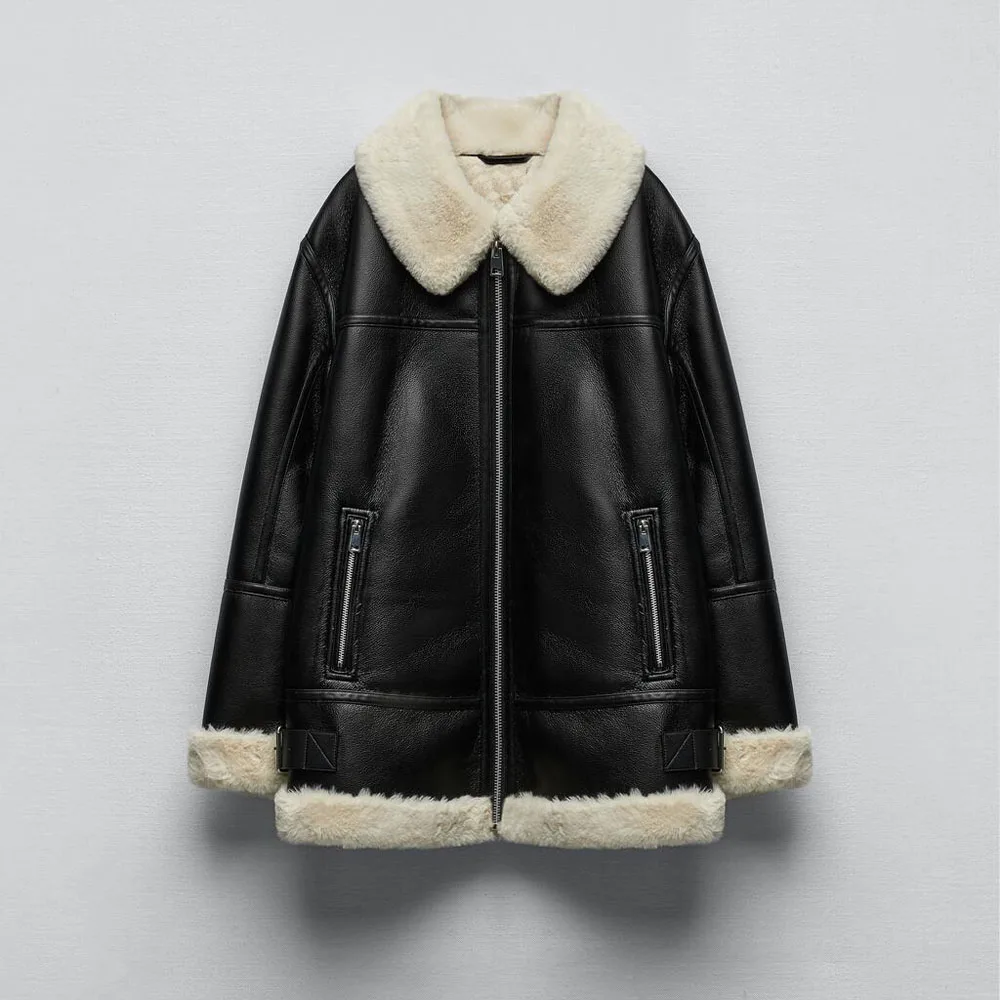 

Fall and winter new fashion women's casual versatile black faux fur effect white paneled double-sided jacket coat