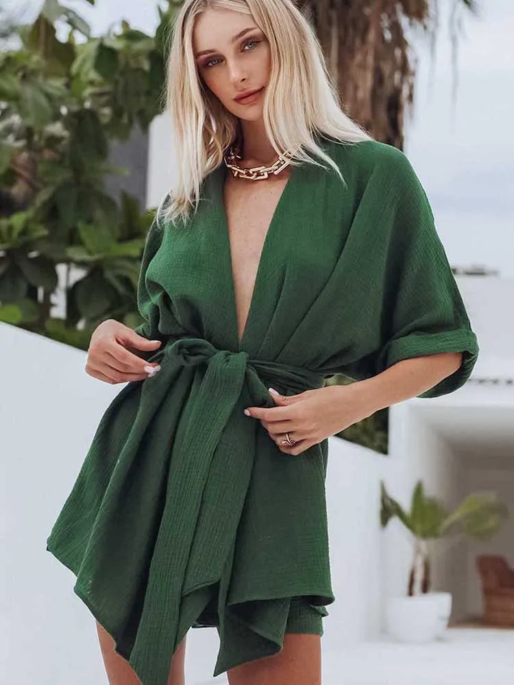 Linad Batwing Sleeve Women's Nightwear 2 Piece Sets Summer Casual Home Suits With Shorts Sashes Cotton Female Sleepwear 2022
Linad Batwing Sleeve Women's Nightwear 2 Piece Sets Summer Casual Home Suits With Shorts Sashes Cotton Female Sleepwear 2022