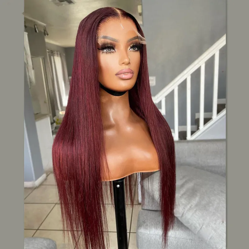 

Preplucked Soft 180%Density 26Inch Burgundy Silky Straight Long Natural Hairline Glueless Lace Front Wig For Women Babyhair