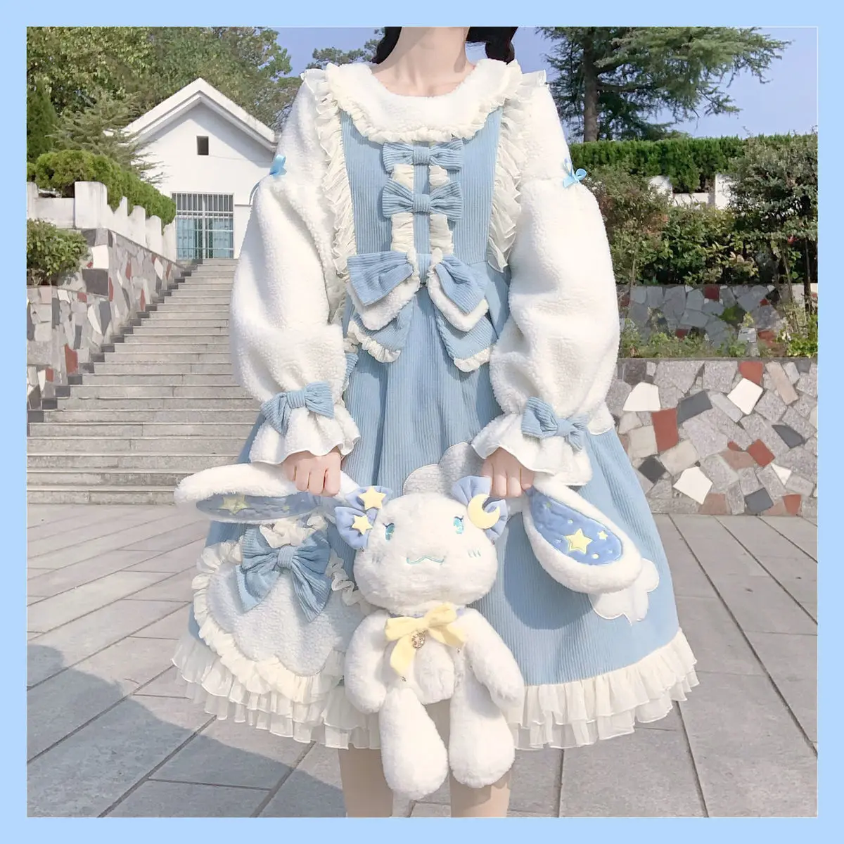 Japanese Round Neck Lamb Wool Lace Long Sleeve Lolita Dress Harajuku Warm Loli Dress Cute Schoolgirls Stitched Blue Pink Dress 
Japanese Round Neck Lamb Wool Lace Long Sleeve Lolita Dress Harajuku Warm Loli Dress Cute Schoolgirls Stitched Blue Pink Dress