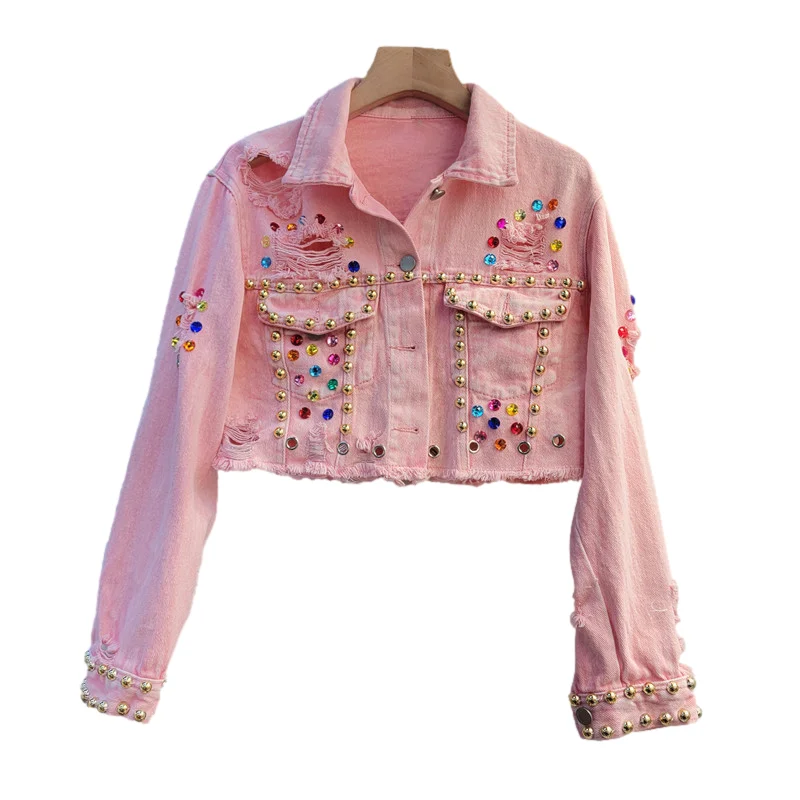 

Beading Diamonds Big Pocket Hem Frayed Holes Denim Jacket Women Loose Short Pink Cowboy Outerwear Streetwear Jeans Jacket Female