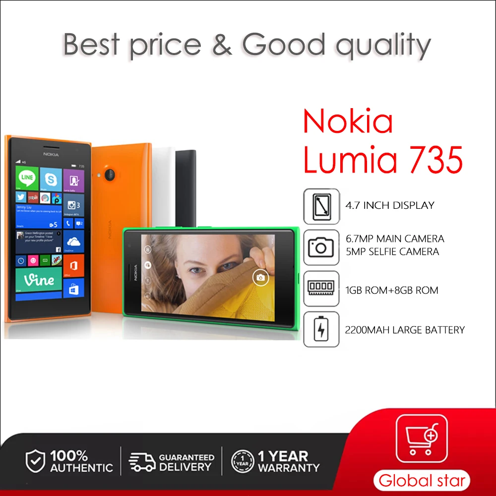 

Nokia Lumia 735 Original Unlocked Windows Mobile Phone 4.7 inches 2200mAh 6.7MP 1GB RAM 8GB ROM 3G High Quality Cellphone
