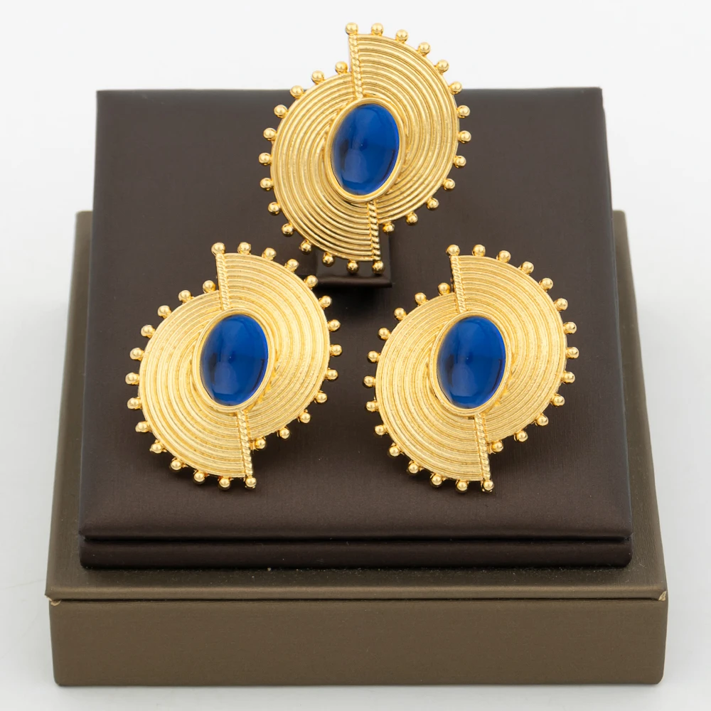 African Jewelry Set for Women Sapphire Blue Stone Earrings and Finger Ring Luxury Set 18k Copper Gold Plated Earring Jewelry Set
African Jewelry Set for Women Sapphire Blue Stone Earrings and Finger Ring Luxury Set 18k Copper Gold Plated Earring Jewelry Set
