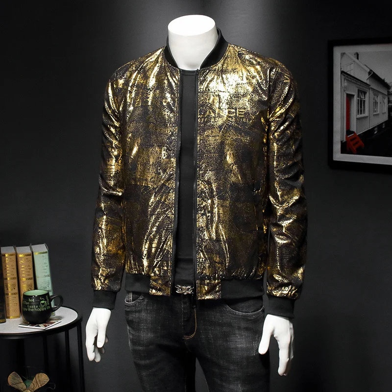 

Black Luxury Gold Print Party Jacket Outfit Club Bar Coat Men Casaca Hombre 2022 Spring New Jacquard Bomber Jackets Men Clothes