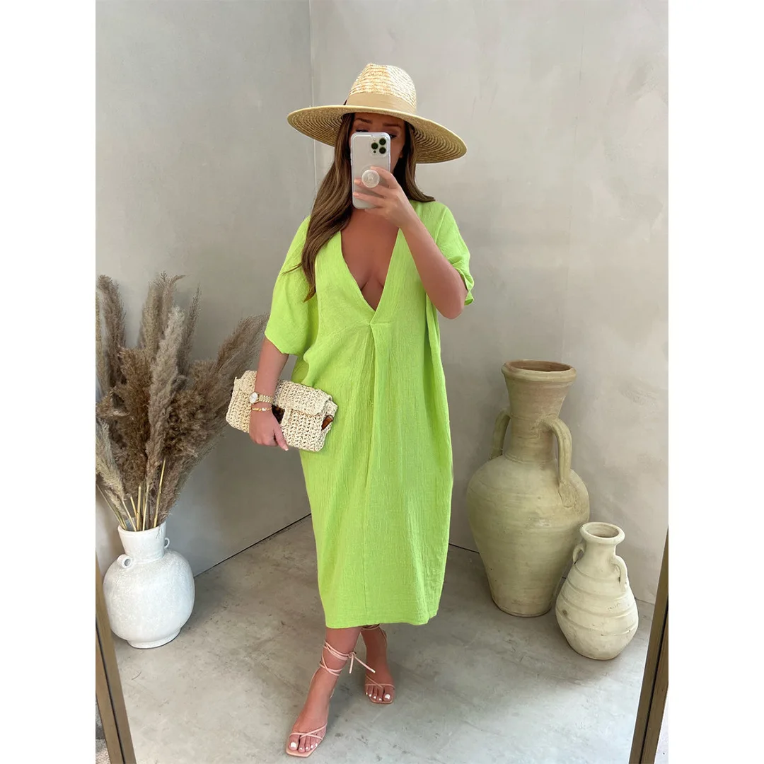 

Summer Casual Loose Shift Dress Women Fashion Resort Style V-neck Short-sleeved Straight Dress Women