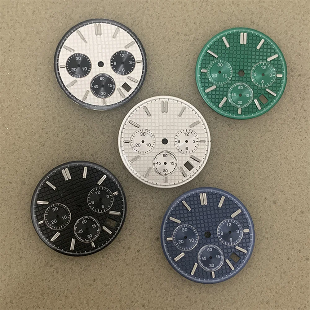 

31.8mm Green Luminous Single Calendar Dial Sub Dial Silver Baton Watch Hands Applied Index Riveted for Vk63 Quartz Movement