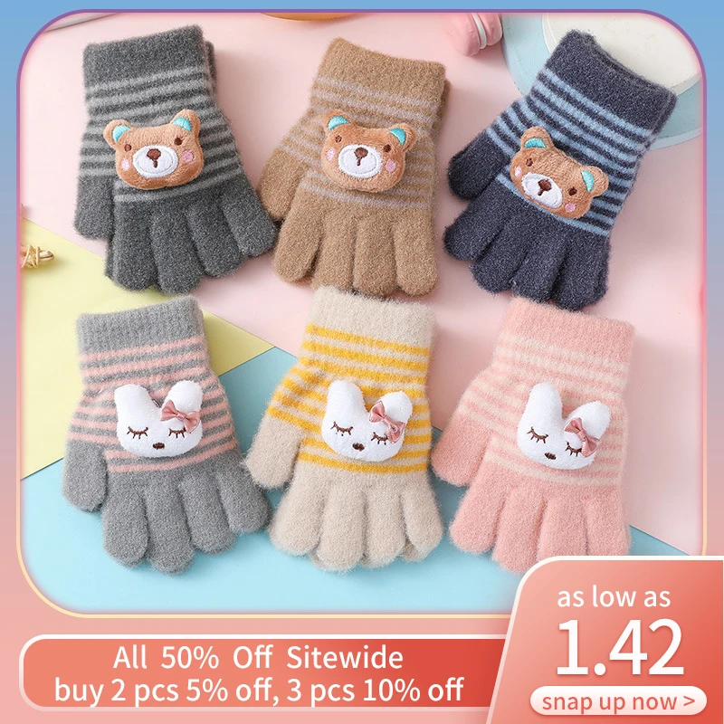 

Thicked Woolen Knitted Gloves For Children Winter Hand Warmer Girl Boy Plush Five Finger Mittens Cartoon Bear Rabbit Kids Gloves