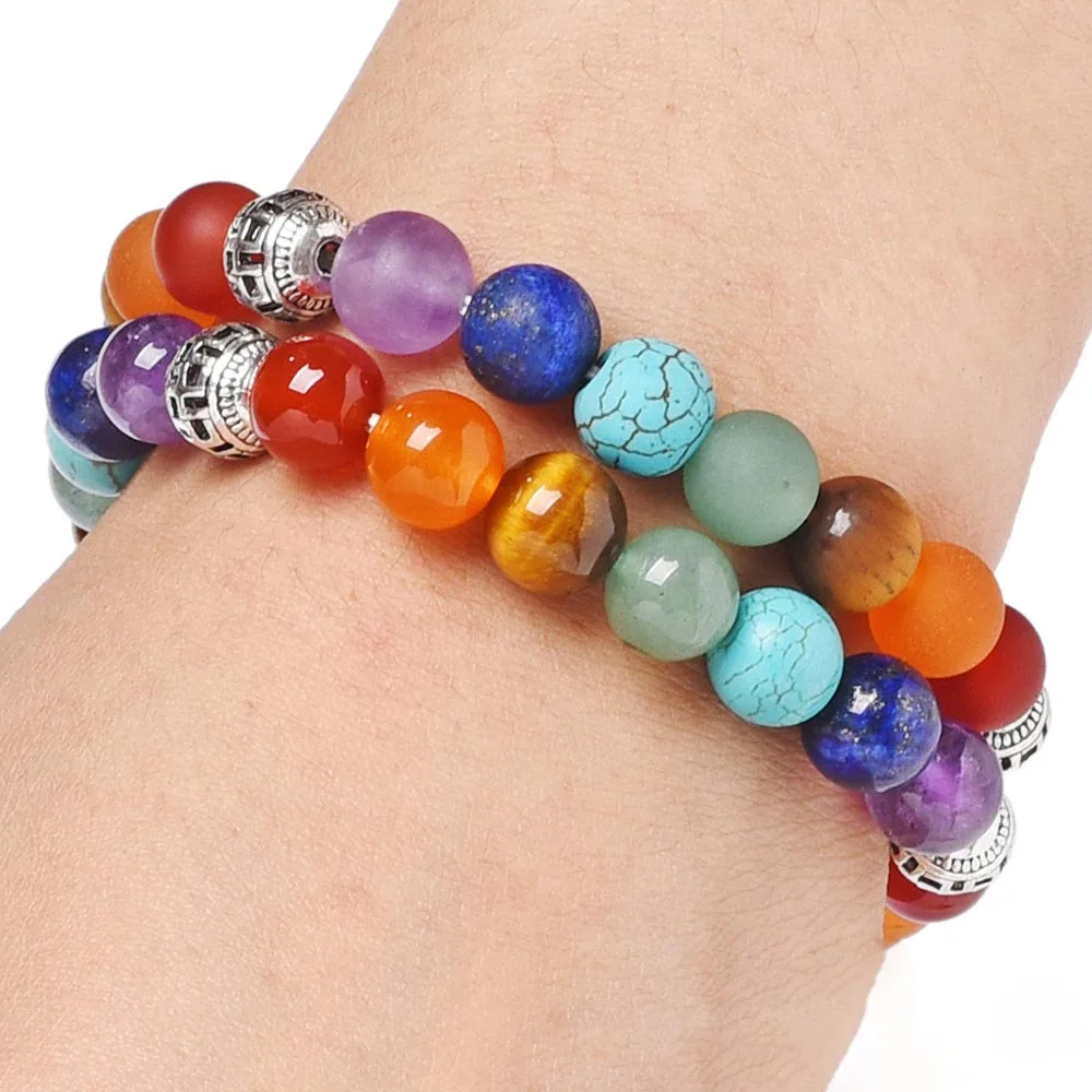 

8mm Reiki Semi-precious Stone Natural Rock Crystal Beaded Charm Bracelets Frosted Tiger Eye Amethyst Yoga Colorful Chakra Bangle