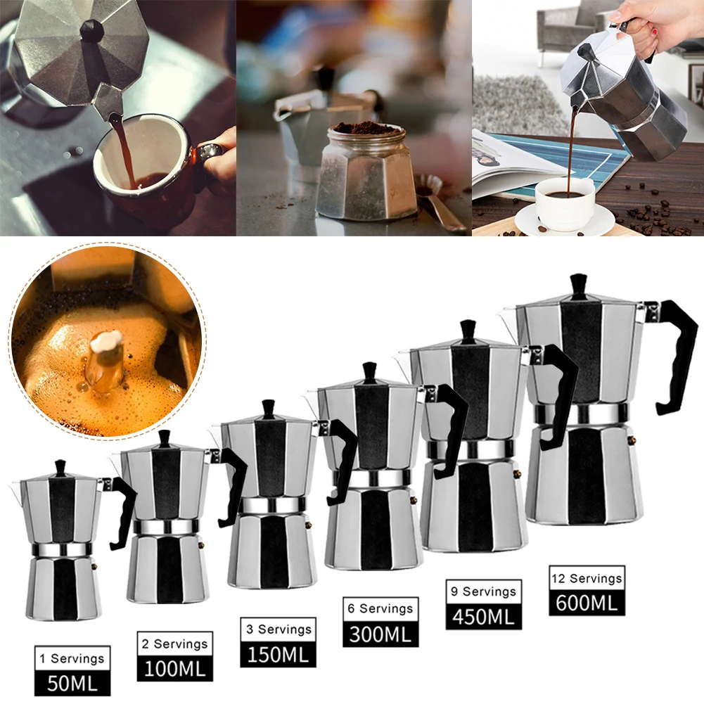

50-600ML Aluminum Mocha Coffee Pot Rapid Stovetop Coffee Brewer Stovetop Espresso Maker Kitchen Accessories Coffee Utensils