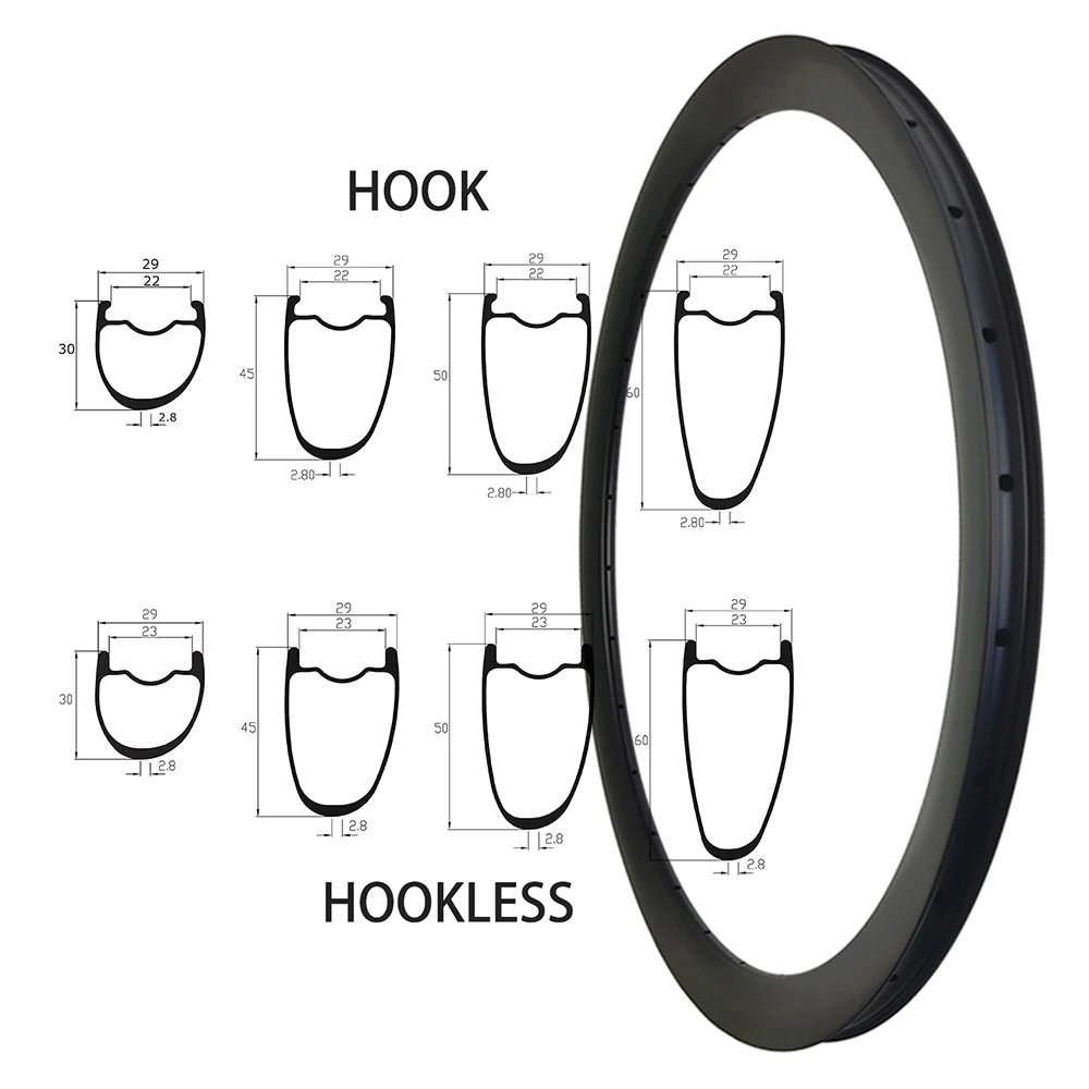 

700c Carbon Bike Rims 29mm x 30mm 45mm 50mm 60mm for Road Disk Cyclocross Gravel Bicycle Wheel Tubeless Clincher Asymmetric Disc