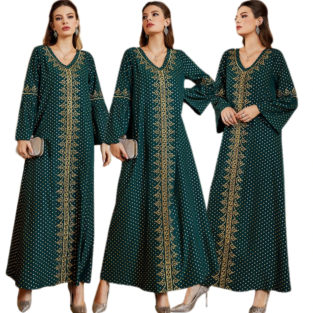 Green Embroidery Ethnic Muslim Dress Women Abaya Arabic Polka Dot Islamic Maxi Robe Long Sleeve V-neck Vintage Ramadan Vestidos
Green Embroidery Ethnic Muslim Dress Women Abaya Arabic Polka Dot Islamic Maxi Robe Long Sleeve V-neck Vintage Ramadan Vestidos