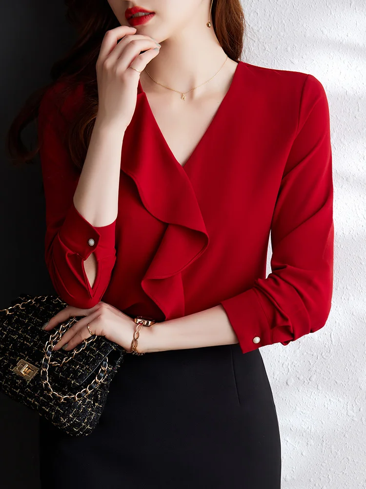 Solid red women blouse chiffon anti wrinkle long sleeve v neck ruffled office lady elegant Female clothing fashion top 2022
Solid red women blouse chiffon anti wrinkle long sleeve v neck ruffled office lady elegant Female clothing fashion top 2022