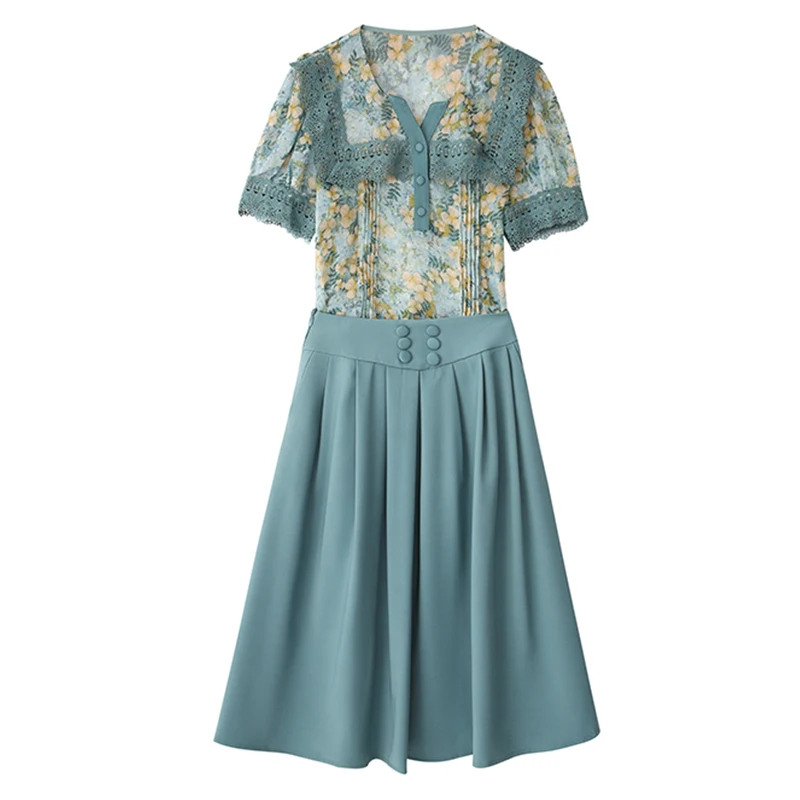 HIGH QUALITY Women Lace Patchwok Short Sleeve Floral Shirt Blouse Skirts Suits Tops Vintage Skirt Sets Elegant Woman 2 Piece Set
HIGH QUALITY Women Lace Patchwok Short Sleeve Floral Shirt Blouse Skirts Suits Tops Vintage Skirt Sets Elegant Woman 2 Piece Set