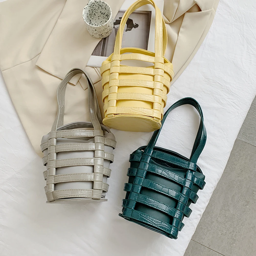 Simple Solid Color Women Shopping Bags Small PU Leather Top-Handle Travel Handbags Hollow Woven Tote Bucket Bags
Simple Solid Color Women Shopping Bags Small PU Leather Top-Handle Travel Handbags Hollow Woven Tote Bucket Bags