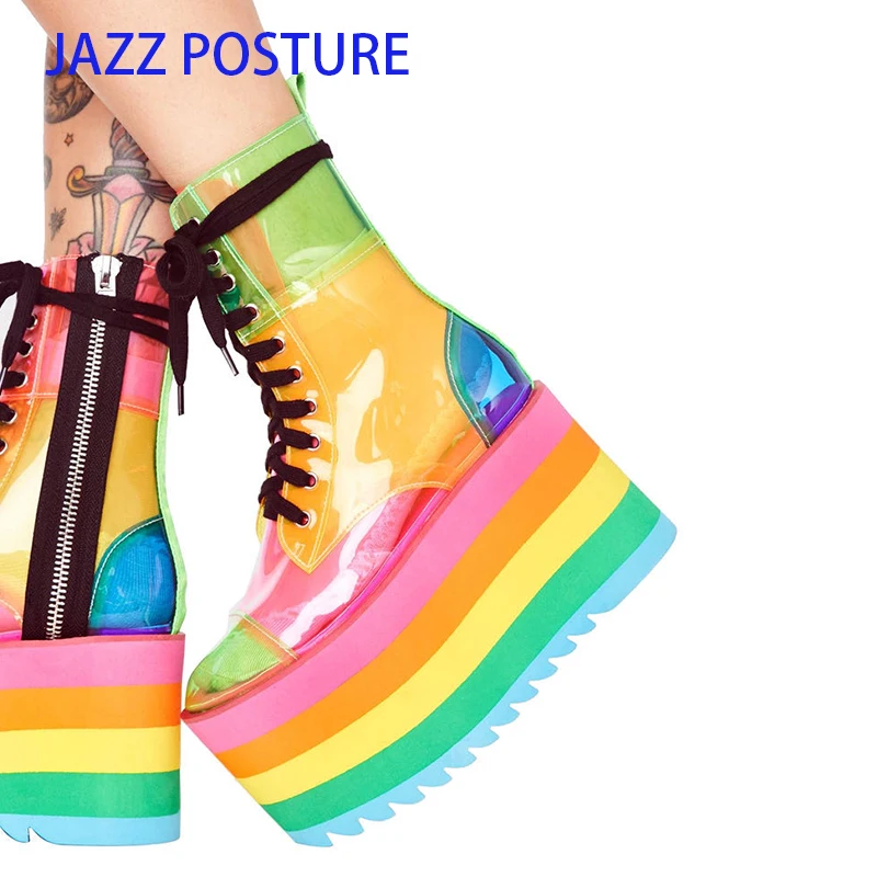 High Platform Rainbow Boots Laces Transparent PVC Ankle Boots Candy Color Platform Heel Botas Mujer Clear Short Boots z683 
High Platform Rainbow Boots Laces Transparent PVC Ankle Boots Candy Color Platform Heel Botas Mujer Clear Short Boots z683