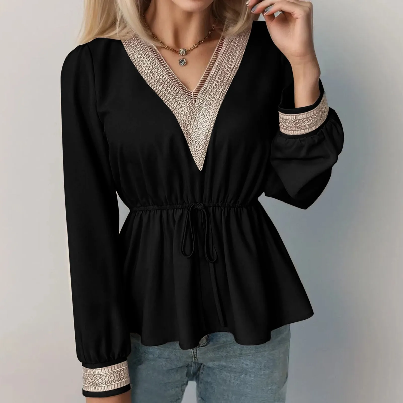 Womens V Neck Lace Shirts Long Sleeved Blouse Solid Color Blouses Loose Fit Tunic Elegant Shirt For Ladies Blusas Autumn Winter
Womens V Neck Lace Shirts Long Sleeved Blouse Solid Color Blouses Loose Fit Tunic Elegant Shirt For Ladies Blusas Autumn Winter