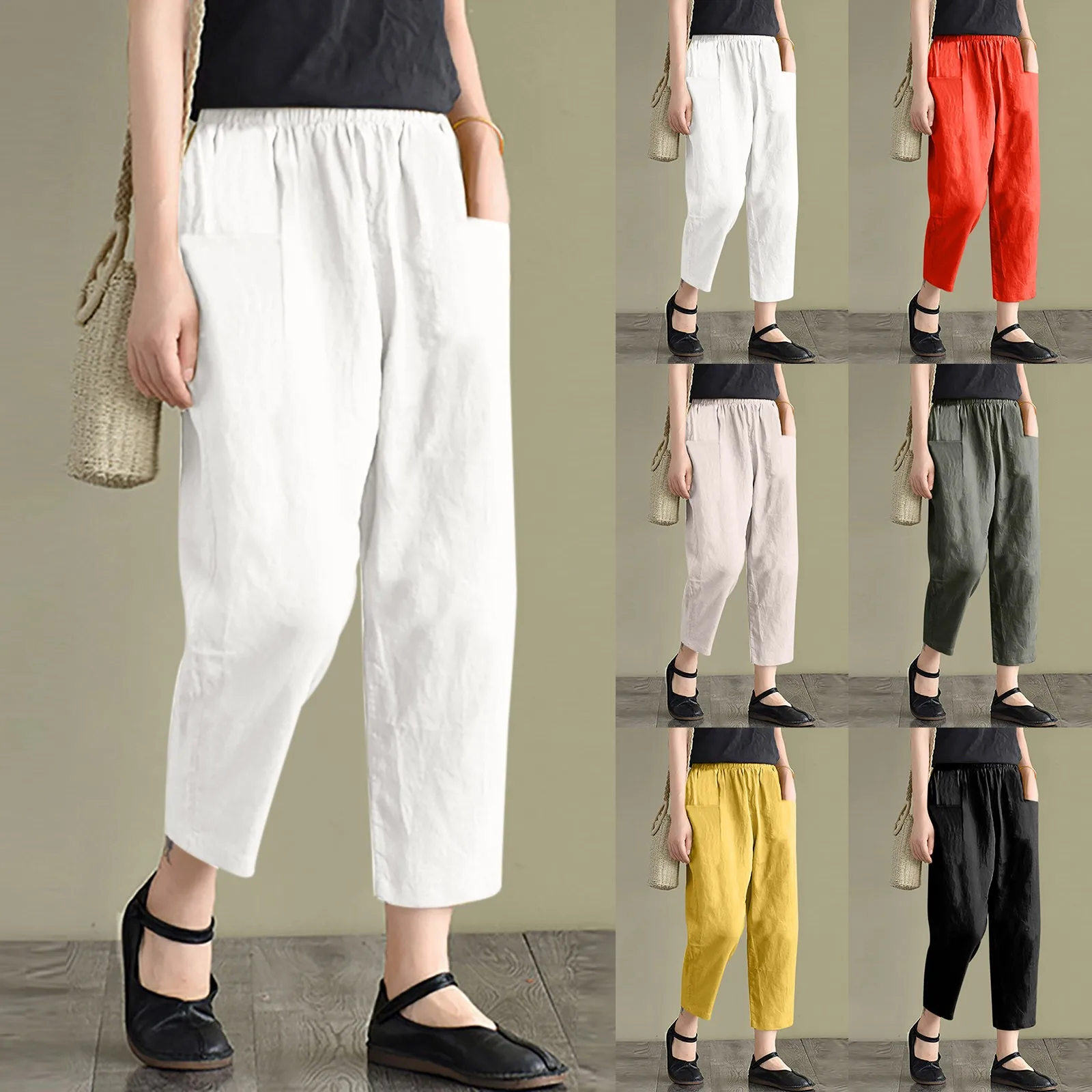 

Новые свободные однотонные брюки из хлопка и льна на шнуровке с эластичным поясом и карманами, женские повседневные брюки с карманами