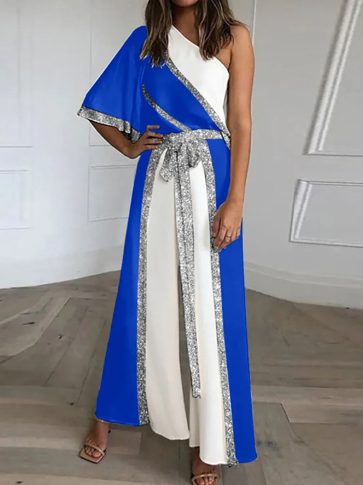 Elegant One Shoulder Slant Collar Ladies Jumpsuit Fashion Patchwork Sequin Lace-up Wide Leg Rompers Casual High Street Jumpsuits
Elegant One Shoulder Slant Collar Ladies Jumpsuit Fashion Patchwork Sequin Lace-up Wide Leg Rompers Casual High Street Jumpsuits