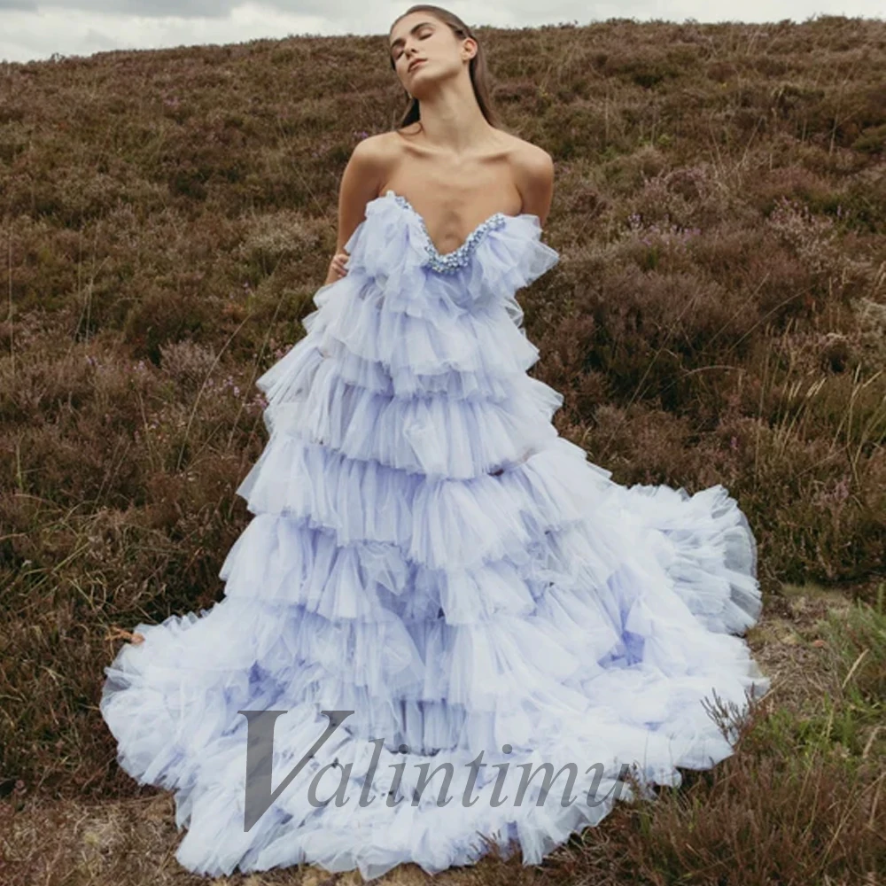 

Valintimu Glamorous Crystals Layered Prom Ball Gown Dresses Graduation Dresses Tulle Backless A-Line Custom Made Robes De Soirée
