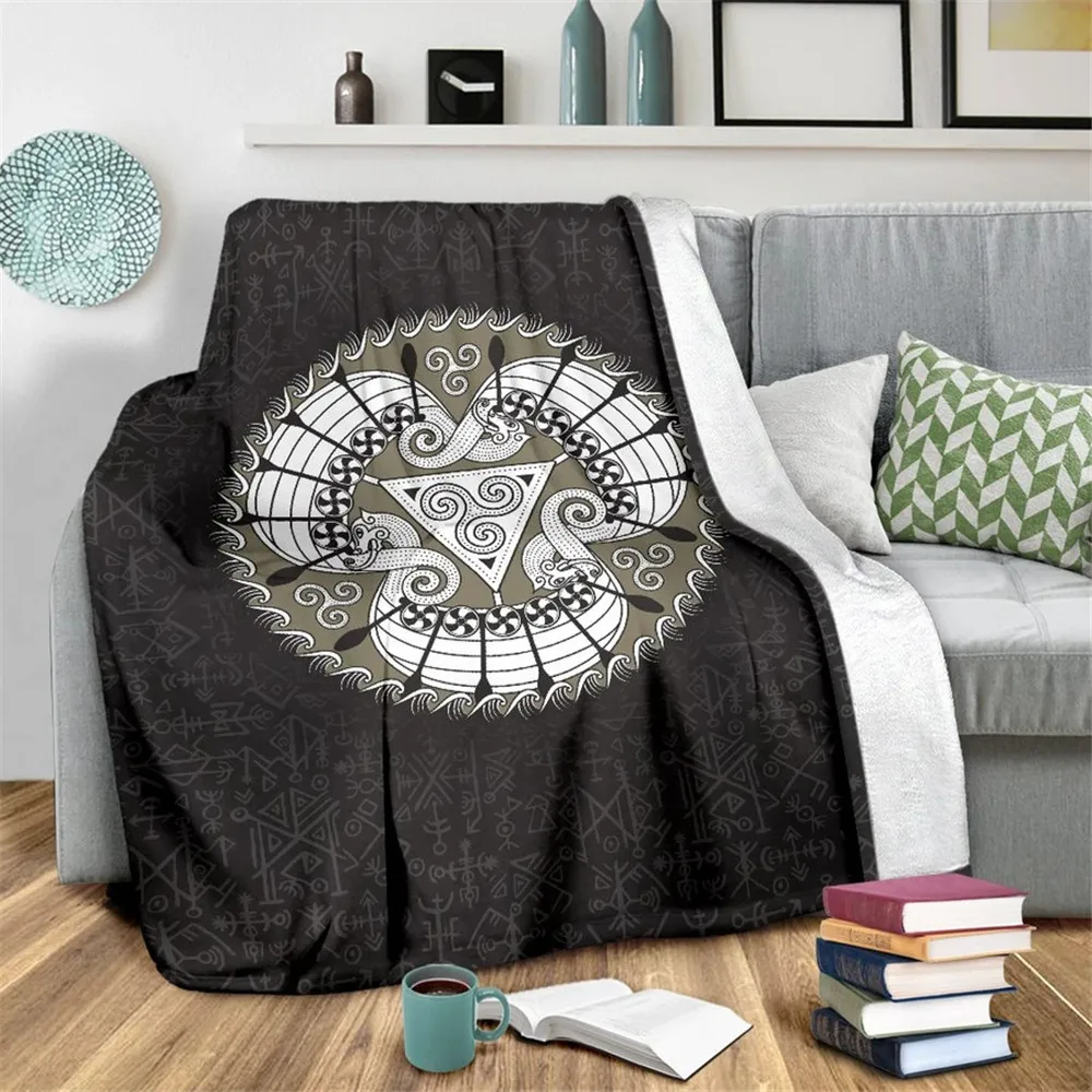 

HX Viking Flannel Blanket Viking Ship Tattoo Symbols 3D Printed Plush Quilts Thin Throw Blankets for Bed 220x150cm