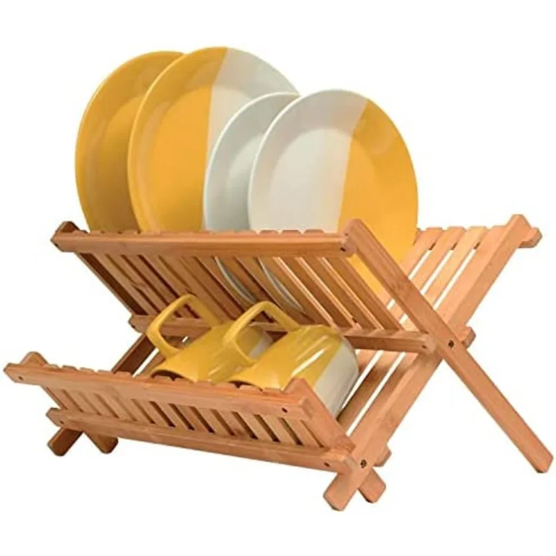 

Collapsible Dish Drying Rack | Bamboo 2-tier Dish Drainer Kitchen Plate Rack | Countertop Foldable & Compact For Space-saving