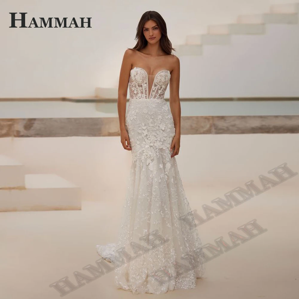 HAMMAH Glamorous Trumpet Wedding Dresses For Mariages Deep V Neck Sleeveless With Appliques Lace Tulle Lacing Up Custom Made
HAMMAH Glamorous Trumpet Wedding Dresses For Mariages Deep V Neck Sleeveless With Appliques Lace Tulle Lacing Up Custom Made