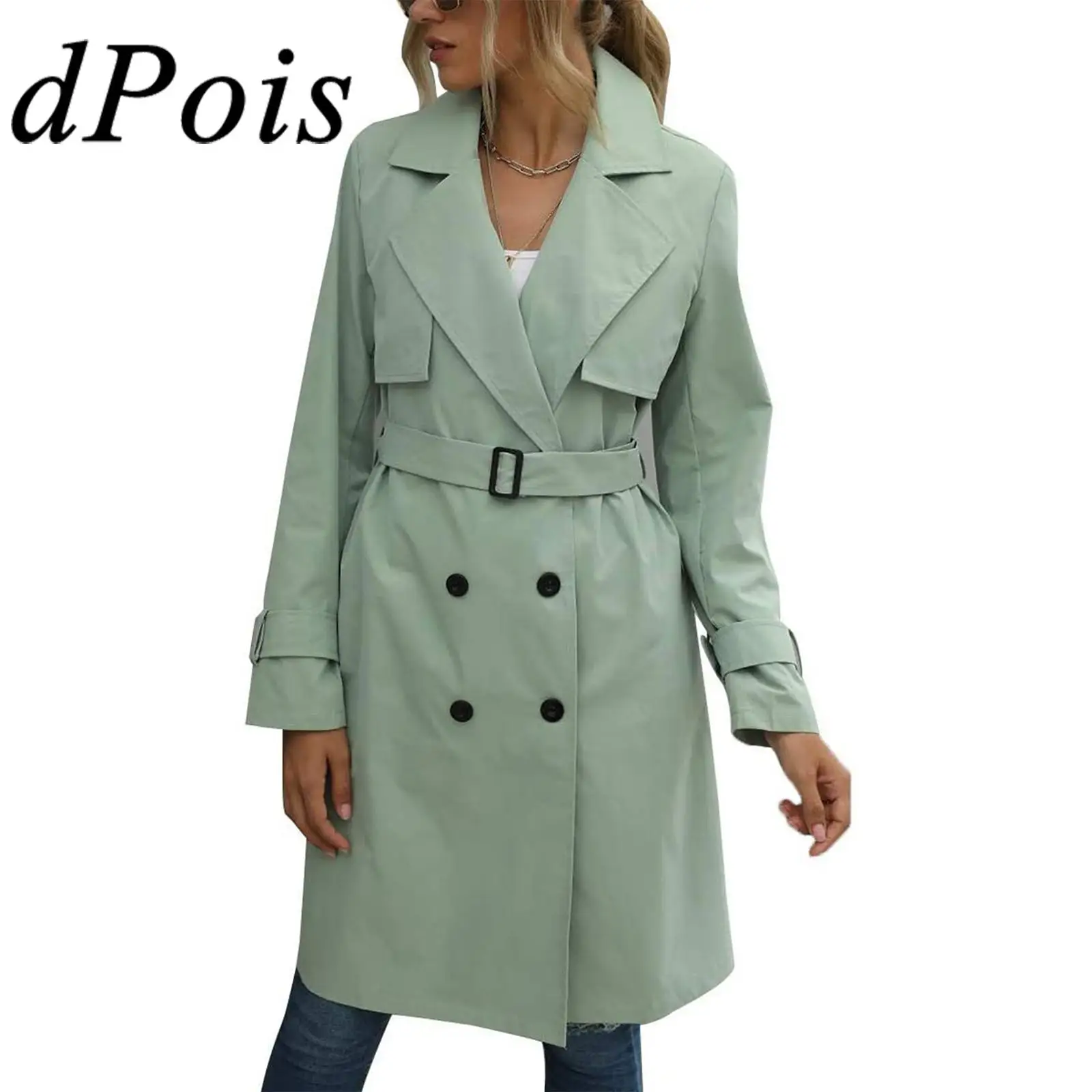 

Womens Double-Breasted Windbreaker Long Trench Coat Notch Lapel Long Sleeve Belted Overcoat Jacket for Casual Wear