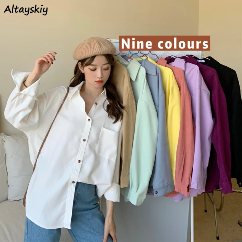 

9 Candy Colors Shirts Women Basic All-match Gentle OL Preppy Teens Young Tender French Style Baggy Cool Harajuku Mujer Camisas