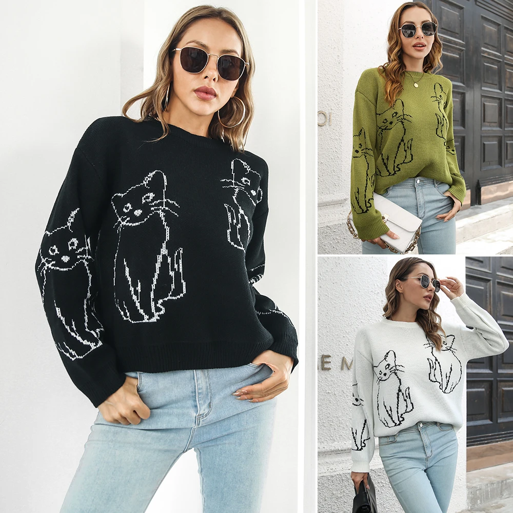 2022 Cartoon Cat Print Tops Women Knitting Sweater O-Neck Pullover Jumper Sweater Harajuku Kawaii Funny Sweaters Girl
2022 Cartoon Cat Print Tops Women Knitting Sweater O-Neck Pullover Jumper Sweater Harajuku Kawaii Funny Sweaters Girl