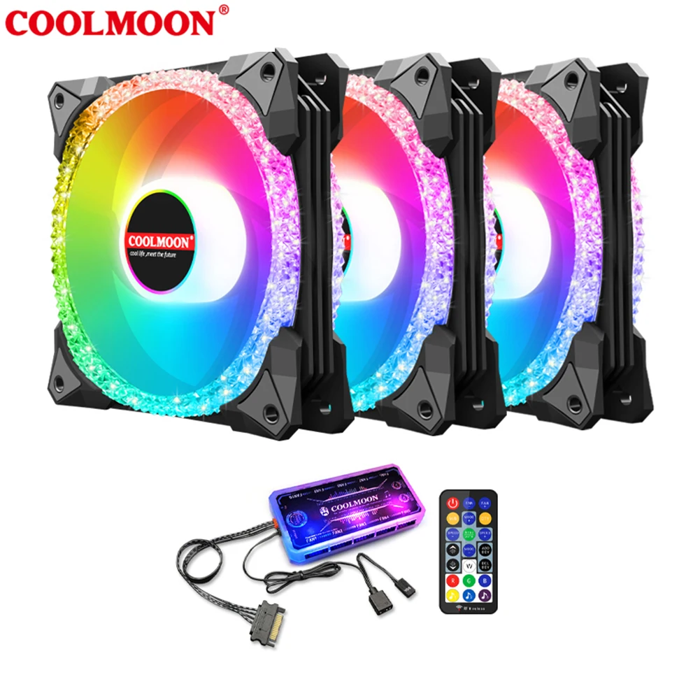 

COOLMOON AS2 120mm PC Computer Case Fan RGB Cooler Heatsink 12cm Aura Sync Silent Cooling Fan 6PIN Rainbow Music ARGB Controller