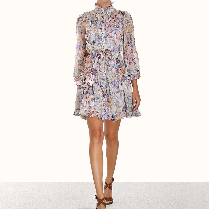 2023 Top Quality Spring Summer Purple Floral Printing Frill Ruffle Self Tie Bow Neckline Mini Dresses Women
2023 Top Quality Spring Summer Purple Floral Printing Frill Ruffle Self Tie Bow Neckline Mini Dresses Women