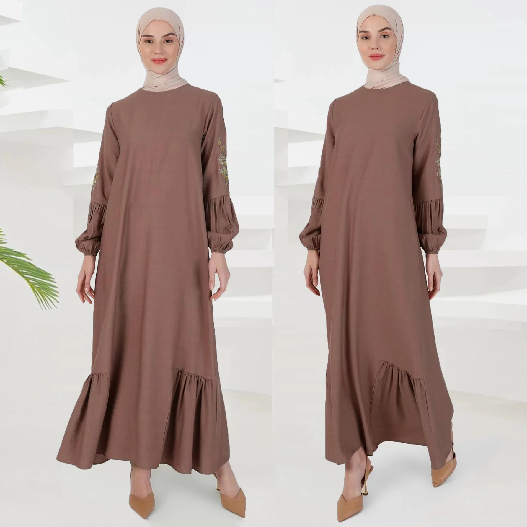 

Abaya For Women Muslin Spliced Long Dress Boutique Embroidered Lantern Sleeves Muslim Ruffle Edge Robe Turkey Ramadan Robe