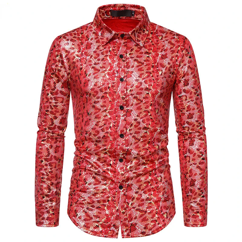

Mens Red Leopard Bronzing Dress Shirts 2022 Sexy New 70's Disco Dance Shirt Men Nightclub Party Stage Prom Shirt Chemise Homme