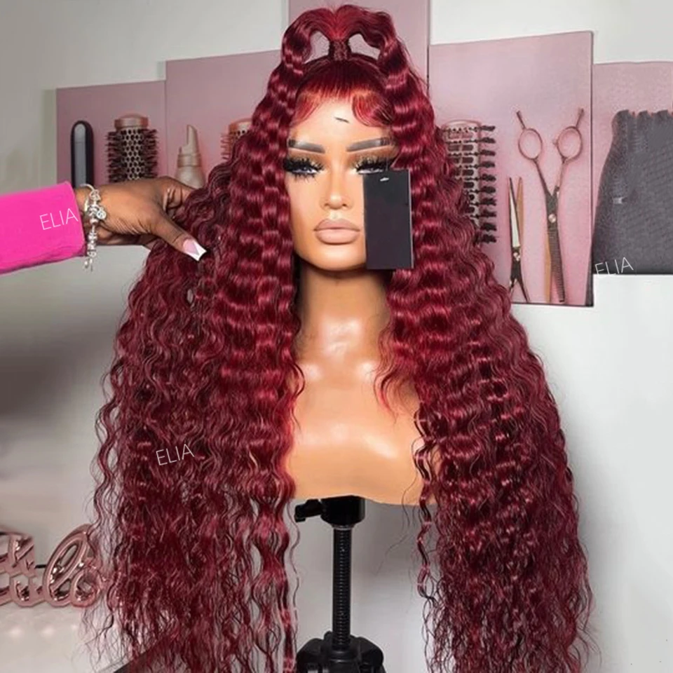 

Burgundy 99j Glueless Soft Preplucked 26 inch Long 180 Density Kinky Curly Lace Front Wigs For Black Women Babyhair Daliy Wine