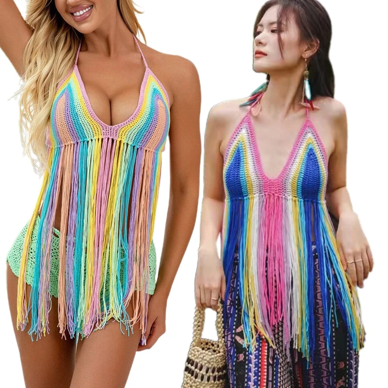 

Women Sexy Halter Backless Bikini Bra Hollow Crochet Knit Rainbow Striped Crop Top Long Tassels Beach Swim Cami Bralette P8DB