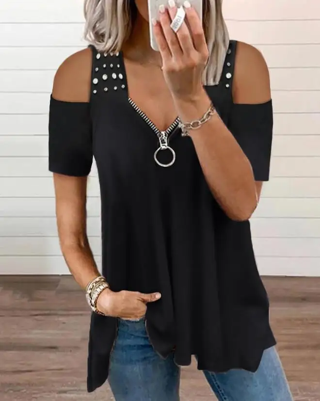 Beaded Decorative Zipper Front Cold Shoulder Top 2023 Spring Women's Shirt Fashion Casual T-Shirt Short Sleeve Street Clothing
Beaded Decorative Zipper Front Cold Shoulder Top 2023 Spring Women's Shirt Fashion Casual T-Shirt Short Sleeve Street Clothing