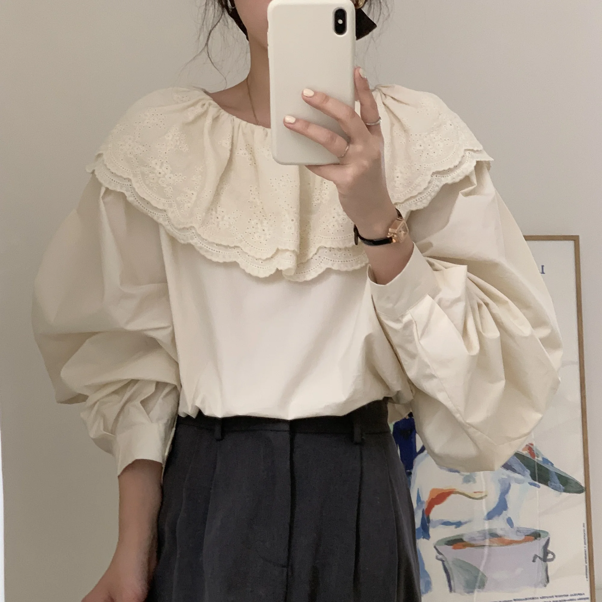 Gentle Women Shirt Double-layer Big Lapel Blouse Korean Fashion Loose Long Lantern Sleeve Shirt Women Tops Blusas Mujer De Moda
Gentle Women Shirt Double-layer Big Lapel Blouse Korean Fashion Loose Long Lantern Sleeve Shirt Women Tops Blusas Mujer De Moda