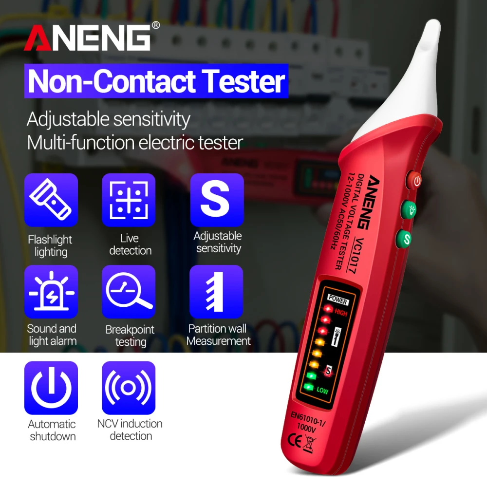 ANENG VC1017 AC Voltage Detector Tester Meter 12V-1000v Non-contact Pen Style Electric Indicator LED Voltage Meter Pen Tester
ANENG VC1017 AC Voltage Detector Tester Meter 12V-1000v Non-contact Pen Style Electric Indicator LED Voltage Meter Pen Tester
