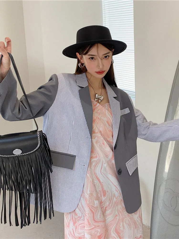 

BZVW Irregular Striped Spliced Contrast Color Blazers Coat Women Clothes 2023 Spring Autumn New Tide Designer Suit Jacket Female