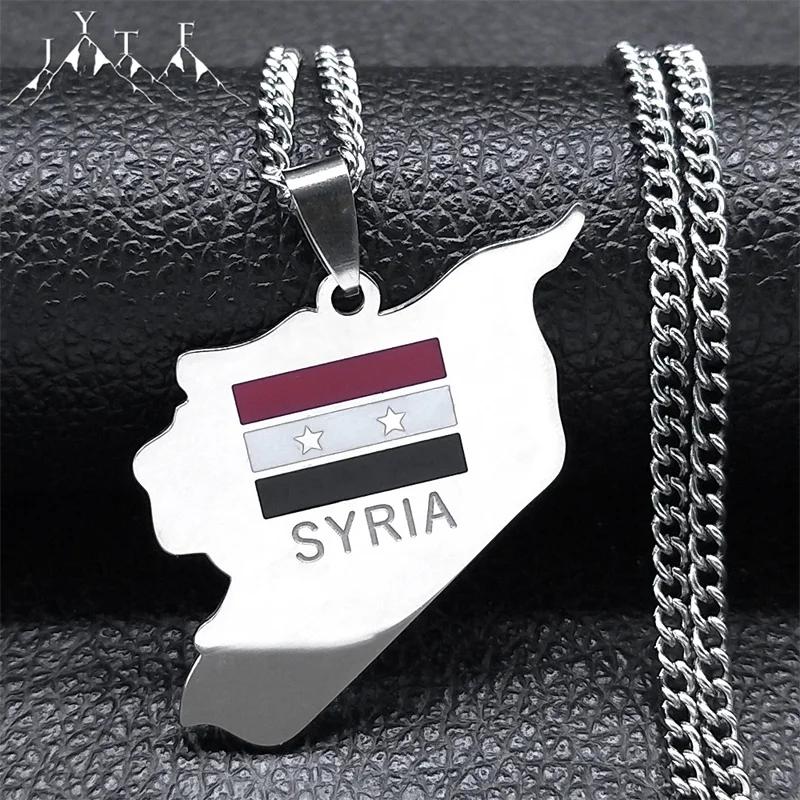 

Syria Flag Country Map Pendant Necklace Women Men Stainless Steel Traditional Syrians Silver Color Necklaces Jewelry NXXXXS05