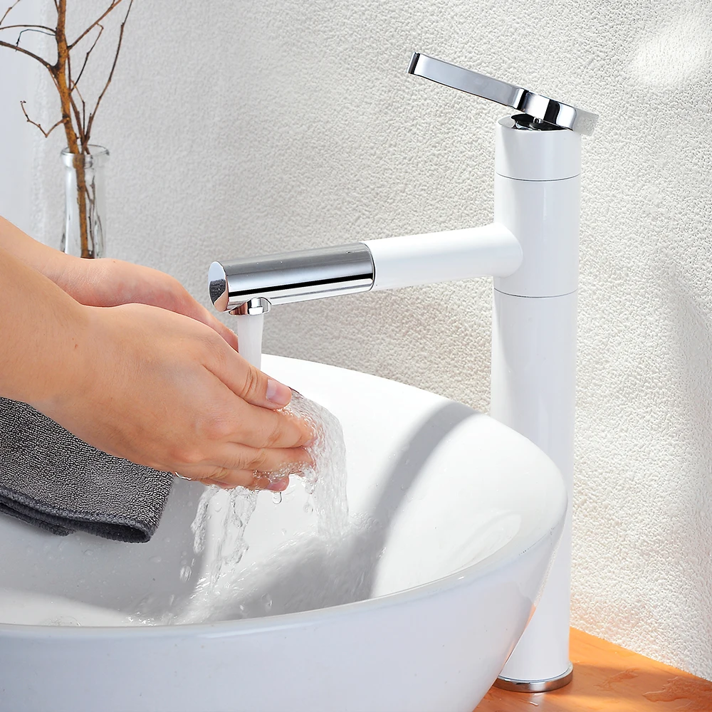 

Basin Faucets Brass Bathroom Faucet Vessel Sinks Mixer Vanity Tap Swivel Spout Deck Mounted White Color Washbasin Faucet