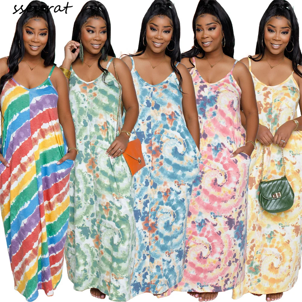 

SSEURAT Sexy Summer Dress Women Tie Dye Print Spaghetti Strap Sleeveless Maxi Dress Fashion Pocket Loose Dress