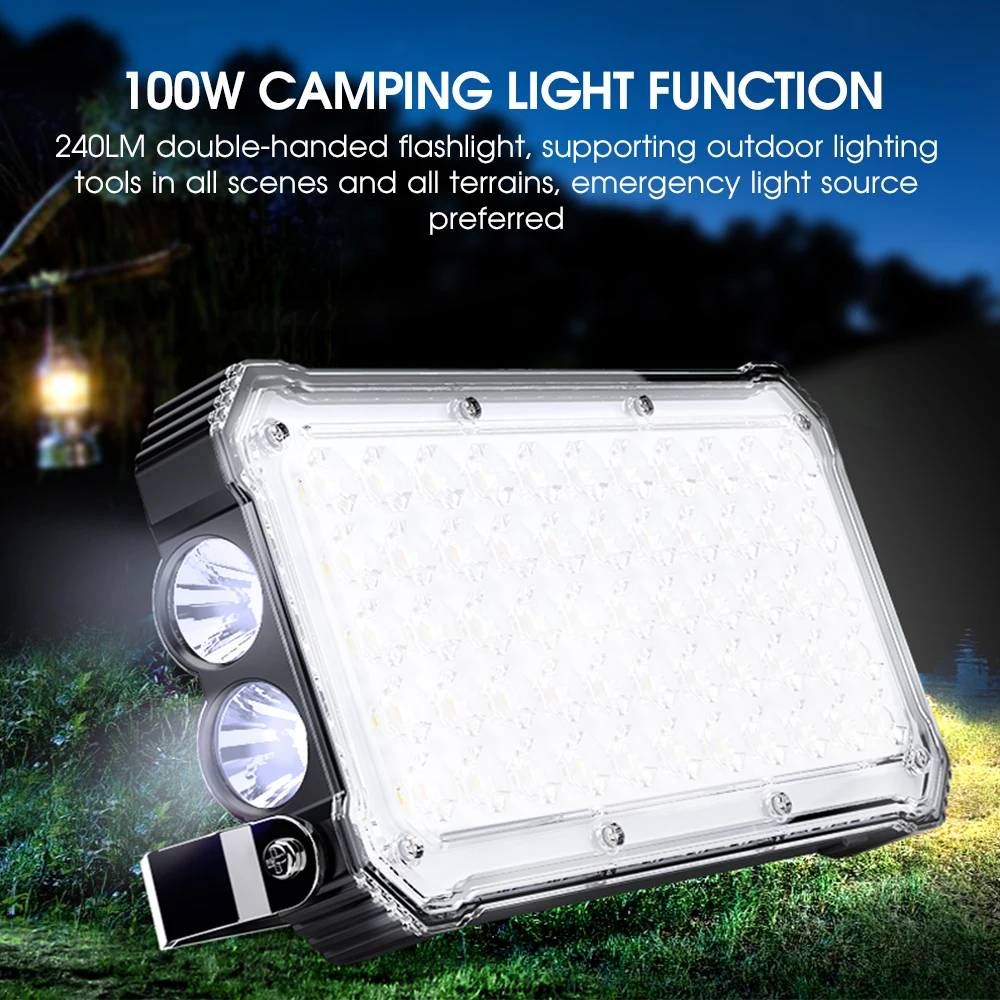 Super Bright 100W LED Emergency Light Waterproof Wireless Charging Power Bank Outdoor 3 Modes Camping Light with handle bracket
Super Bright 100W LED Emergency Light Waterproof Wireless Charging Power Bank Outdoor 3 Modes Camping Light with handle bracket
