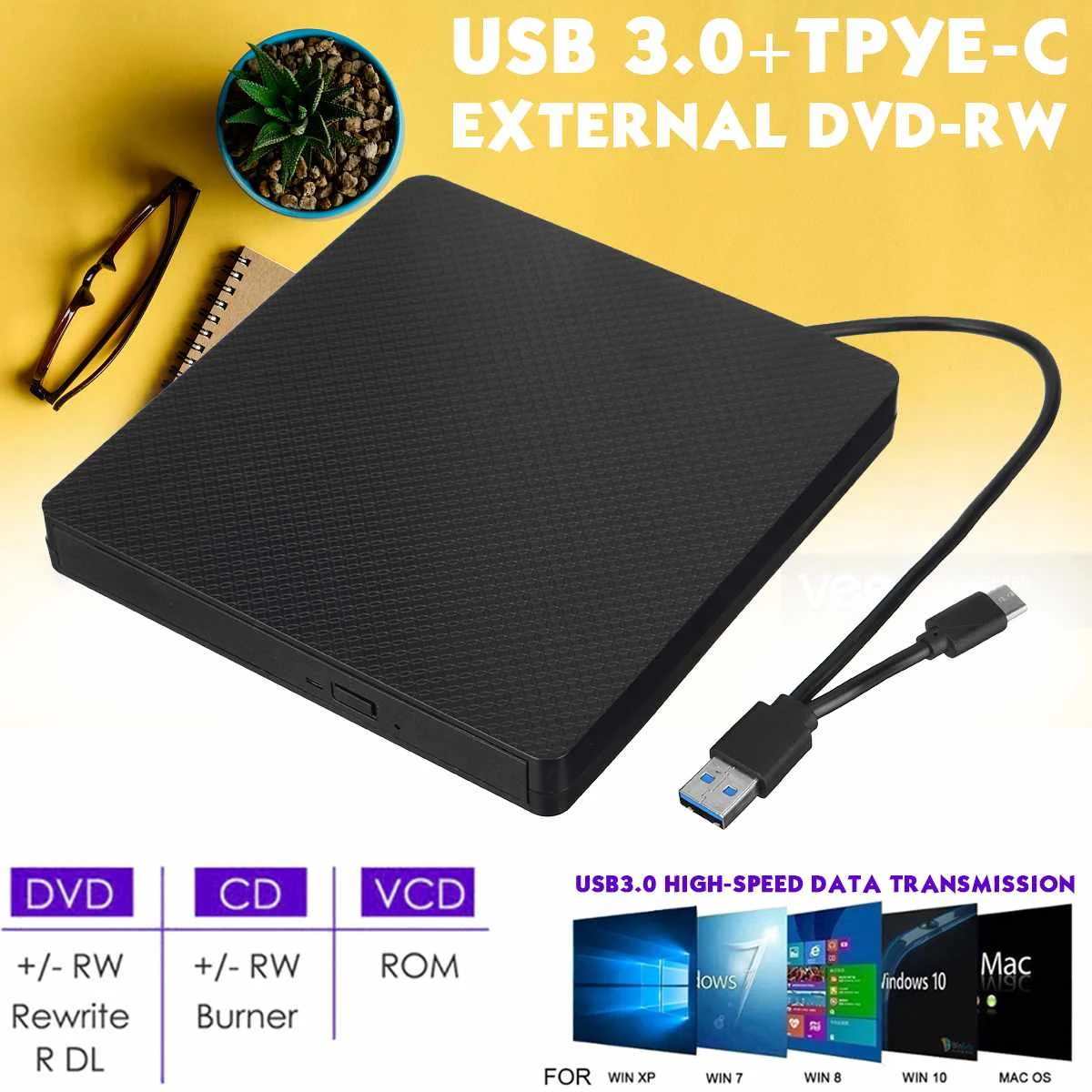 Newest External CD DVD Drive USB 3.0 CD DVD Rom Rewriter Burner Writer High Speed Data Transfer for Laptop Desktops Win 7/8/10
Newest External CD DVD Drive USB 3.0 CD DVD Rom Rewriter Burner Writer High Speed Data Transfer for Laptop Desktops Win 7/8/10