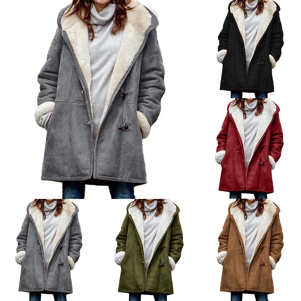 Women Winter Warm Coat Middle Length Thick Plush Hooded Outwear Casual Fleece Lined Hooded Jacket Cow Horn Buckle Pockets Coats
Women Winter Warm Coat Middle Length Thick Plush Hooded Outwear Casual Fleece Lined Hooded Jacket Cow Horn Buckle Pockets Coats